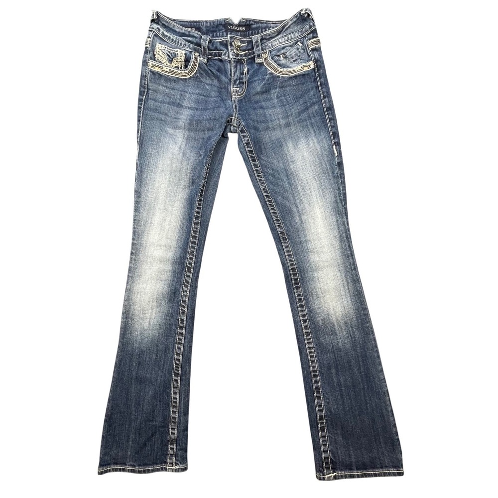 Vigoss Blue Chelsea Slim Bootcut Embellished Jeans Womens Size 1/2